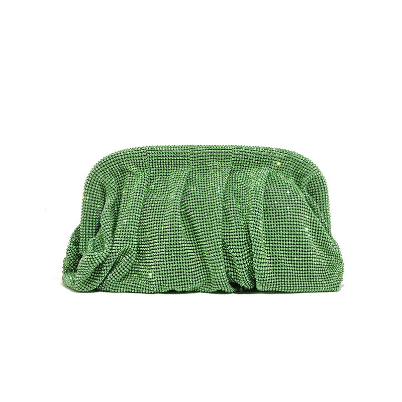 Green sparkling pleated evening clutch, front view