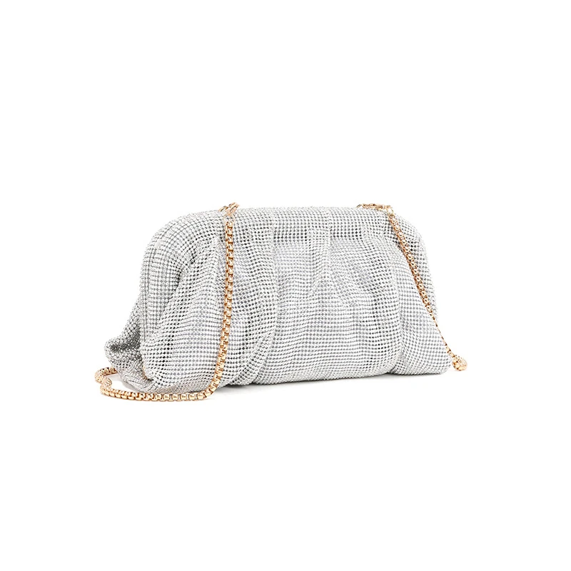 White sparkling evening clutch shown with gold-tone chain