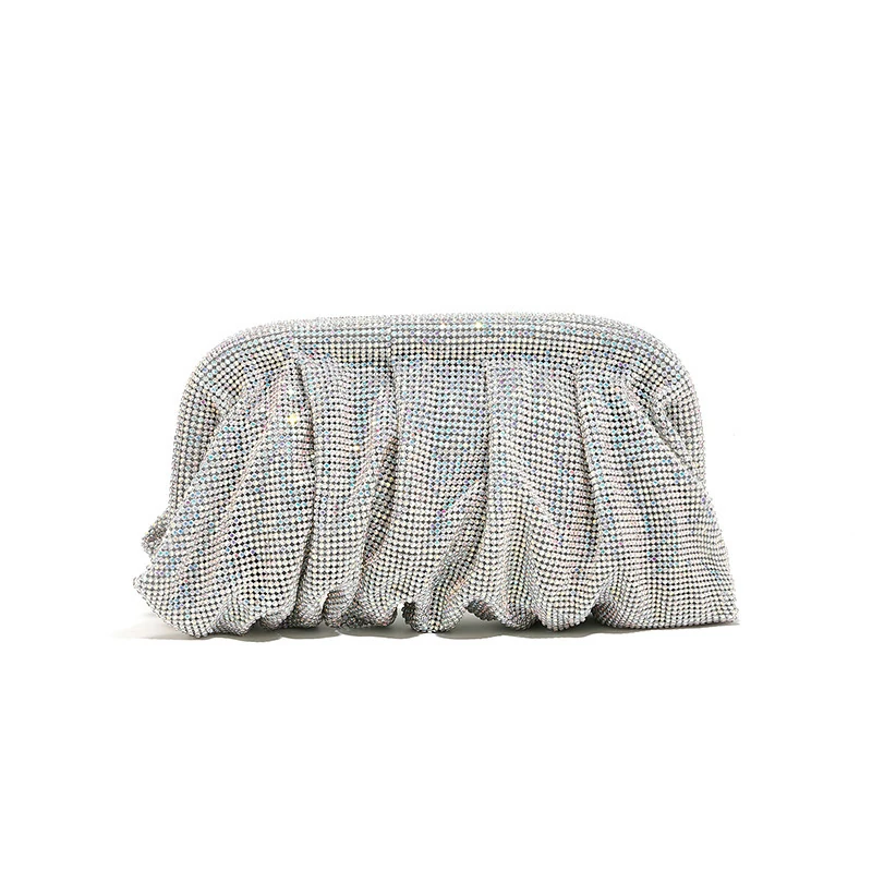 Silver pleated rhinestone-look evening clutch