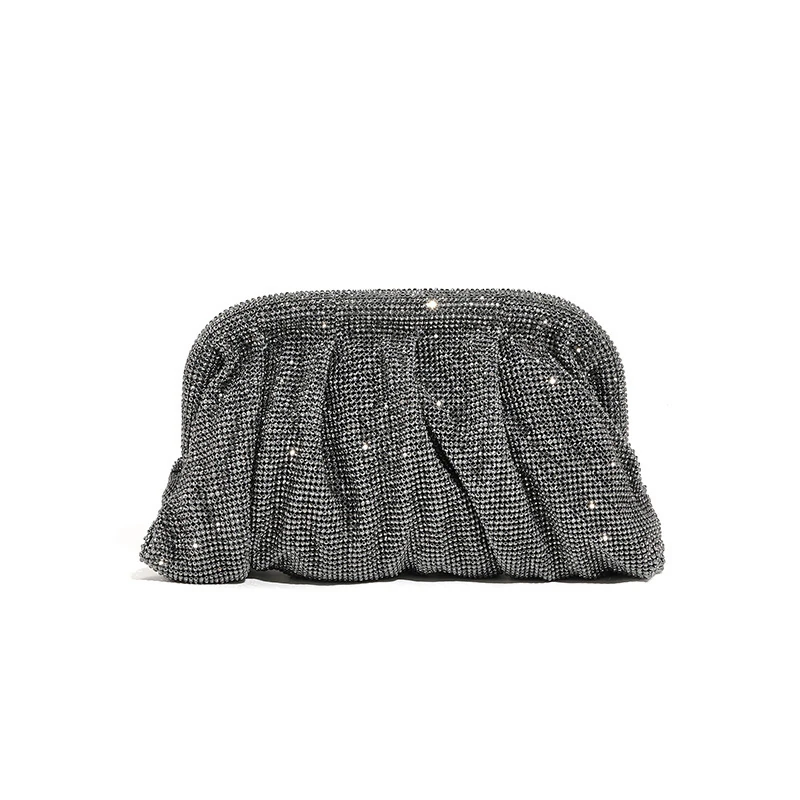 Black sparkling pleated evening clutch, front view