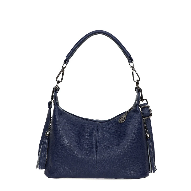 Navy curved shoulder bag with detachable strap and tassel detail