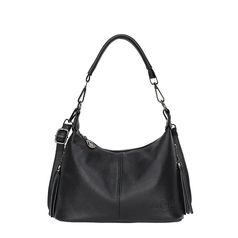 Black soft shoulder tote with clipped handle and side tassels
