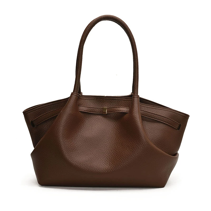Brown soft pebble-texture tote with folded side panels
