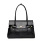 Black structured flap tote with tall handles and buckle details