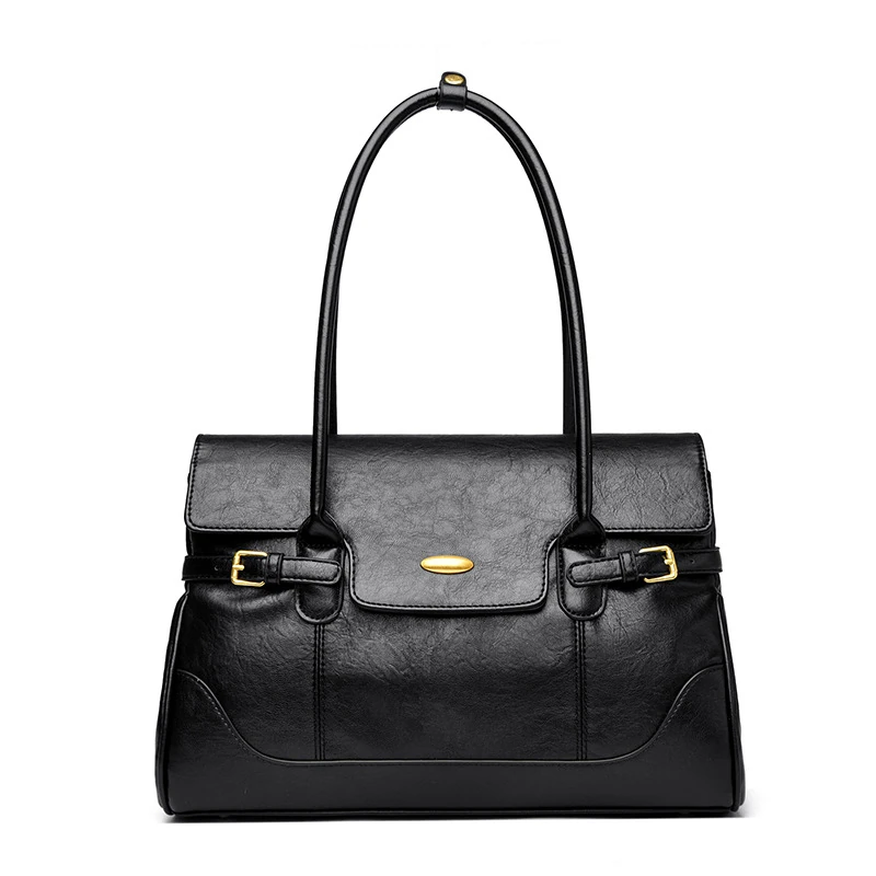 Black structured flap tote with tall handles and buckle details