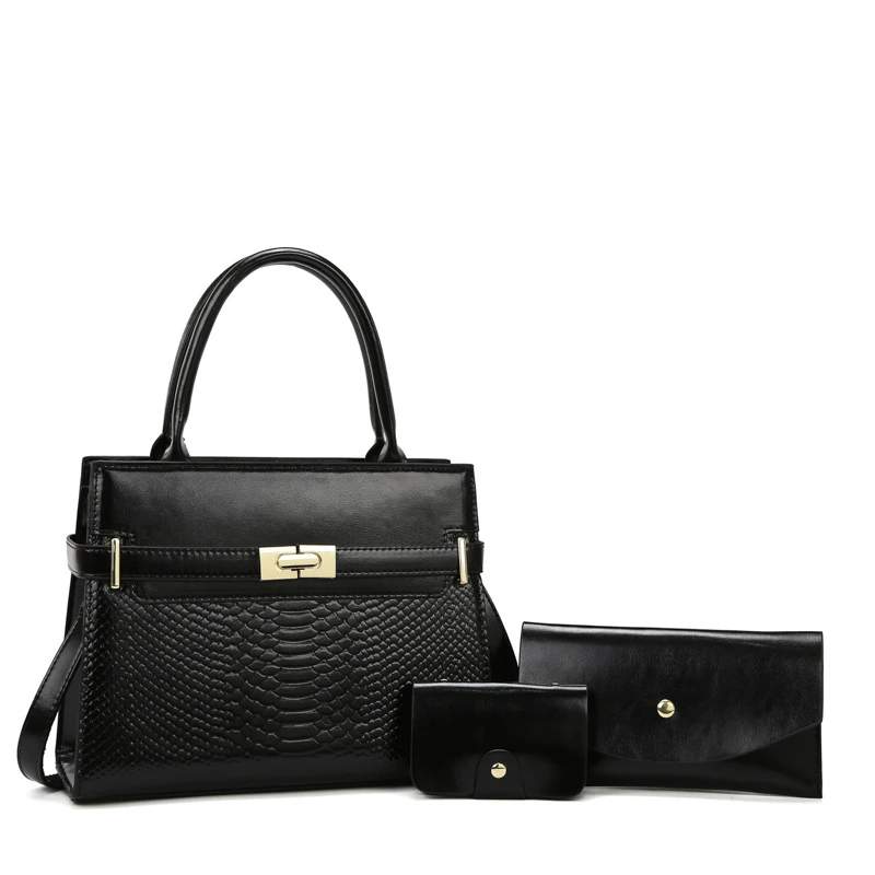 Black three-piece croc-texture tote set with matching wallet and pouch