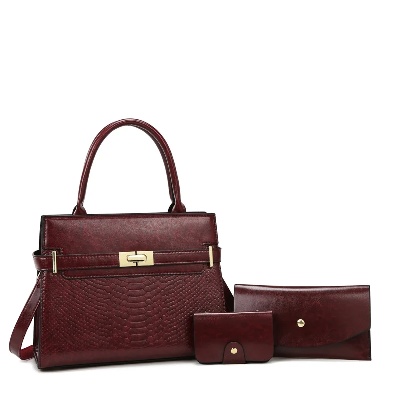 Burgundy tote set with matching long pouch and compact wallet