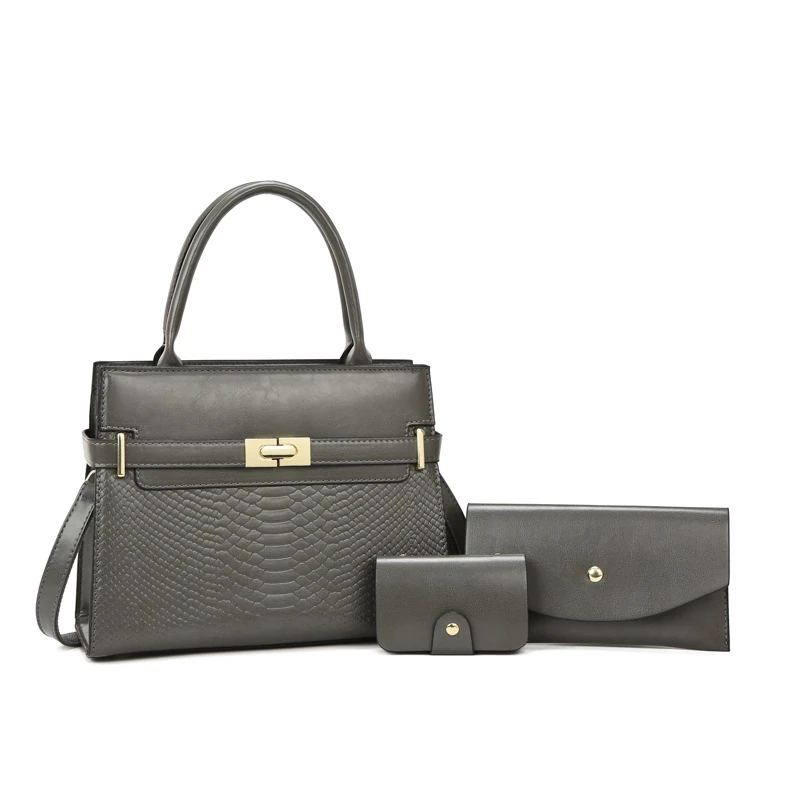 Gray three-piece structured tote set with coordinated accessories