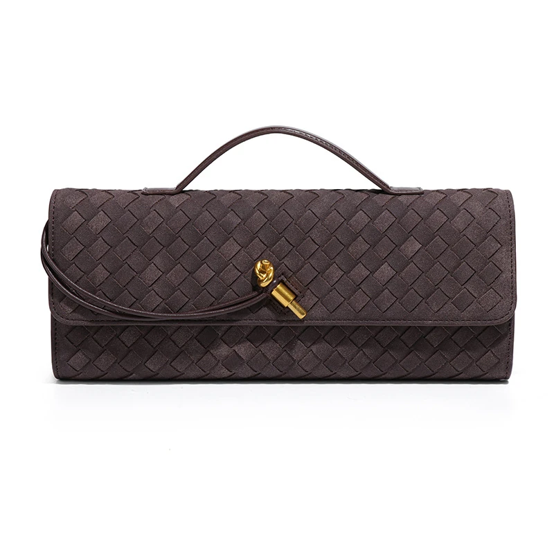 Dark brown woven-pattern baguette bag with flap and slim top handle