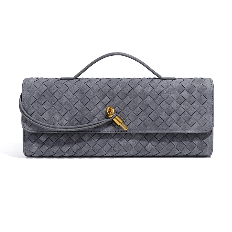 Gray woven-pattern baguette bag with gold-tone center detail