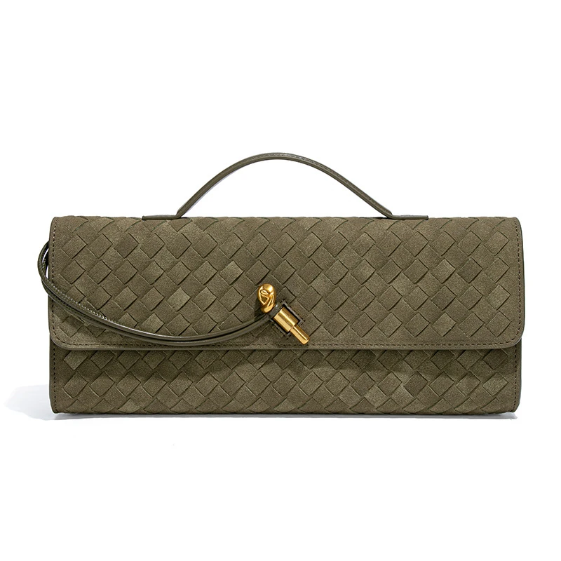 Olive woven-look flap baguette bag with slim handle