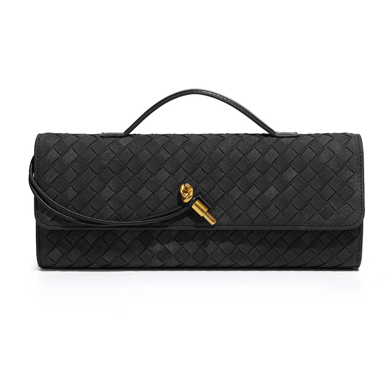 Black wholesale woven-pattern baguette bag, front view