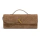 Tan woven-look baguette bag with gold-tone center detail